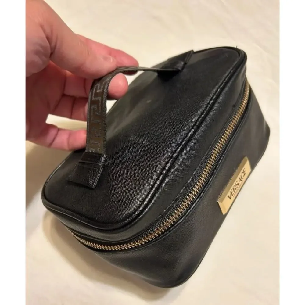 VERSACE Fragrances Black Travel Vanity TOILETRY Case Gold Greca Makeup BAG